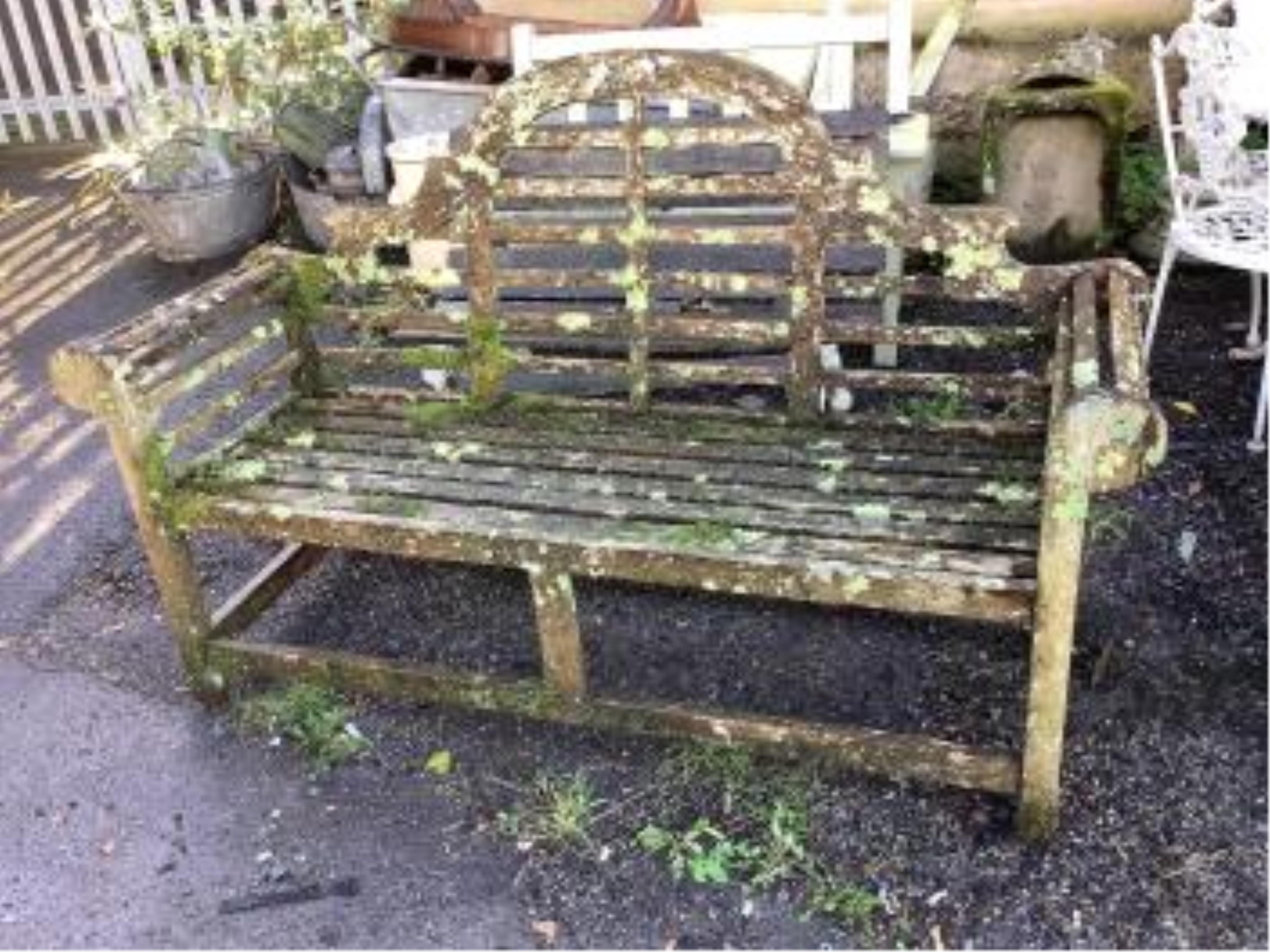 Three weathered teak Lutyens style garden benches, width 196cm, depth 57cm, height 104cm. Condition - poor, covered in lichen